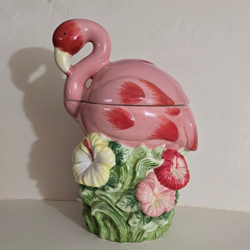 Target Home Pink Flamingo Hibiscus Flower Ceramic Cookie Jar Tropical Canister